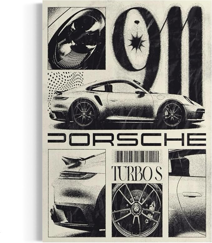 Canvastoria Porsche 911 Turbo S Canvas Wall Art | Black & White Automotive Poster Print | Luxury Sports Car Decor
