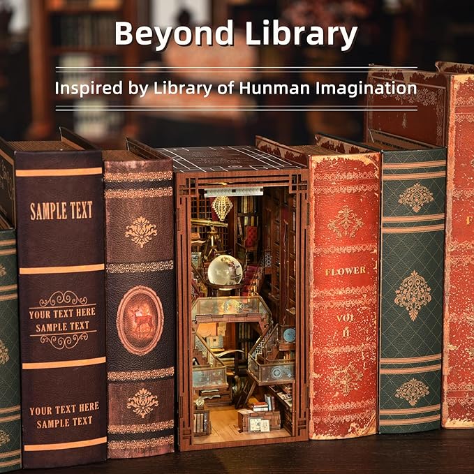 Book Nook Kit, DIY Miniature Dollhouse Booknook Kit, 3D Wooden Puzzle Bookend Bookshelf Insert Decor with LED Light for Teens and Adults (Beyond Library)