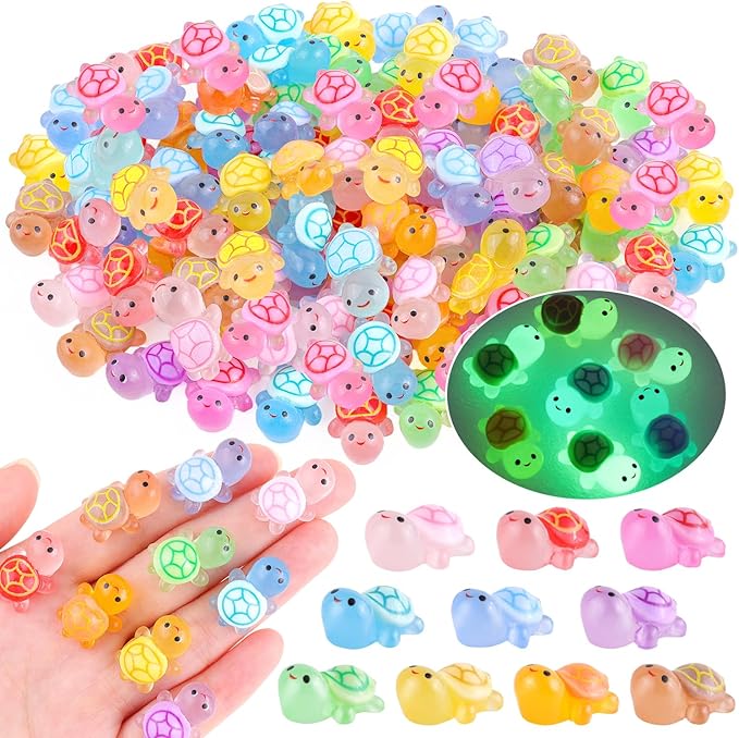 100PCS Mini Resin Animals Colorful Tiny Turtles Glow in Dark, Miniature Figures to Hide, Little Animal Small Figurines for Topper Desk Garden Dollhouse Landscape Aquarium Ornaments Crafts & Decor