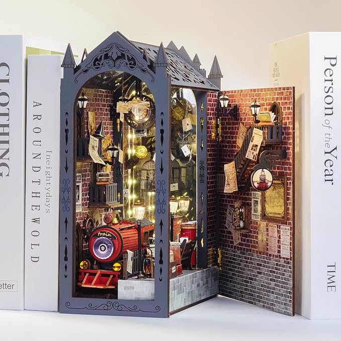 Book Nook Kit, DIY Miniature House Kit for Adults, Dollhouse Booknook with LED Light Gifts for Family, Friends, Magic Train