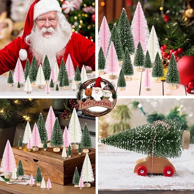 30Pcs Mini Christmas Trees Artificial Christmas Tree Bottle Brush Trees with Wooden Base for Christmas Decor Christmas Party Home Table Craft Decorations(Green+Beige+Pink)
