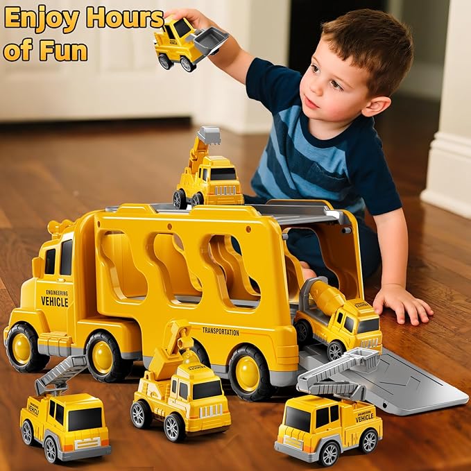 Construction Trucks Toys for 2 3 4 5 Years Old Boys - 7-in-1 Carrier Transport Vehicle Trucks for Kids 1-3 3-5, Car Toys with Light Sound, Birthdays Gifts Set for Kids Age 3-9