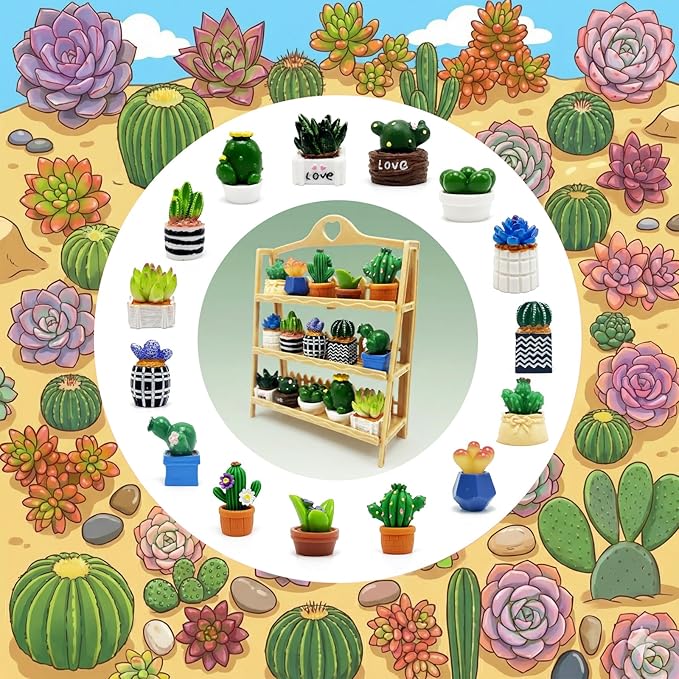 TAC IBEX Miniature Mini Cactus Figurines Office Desk 15 Pcs Set Tiny Plants Decoration Artificial Potted Resin Succulent Small Cute Figures Ornament Terrarium Landscape