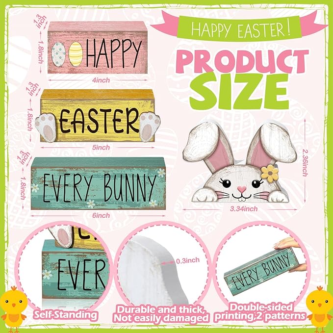 Moucuny 4 Pcs Easter Table Decorations Bunny Tiered Tray Decor Wooden Bunny Block Signs Gifts Happy Easter Centerpiece for Tables Wood Rabbit Tabletop Signs for Kitchen Home Shelf Office DECOR