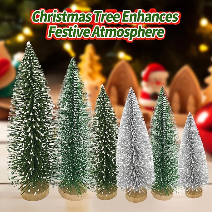 Yahpetes Christmas Trees 6 Pcs Artificial Bottle Brush Tabletop Trees Christmas Table Decorations for Xmas Holiday Party Decor (Silver,Green,Dark Green 6Pcs)