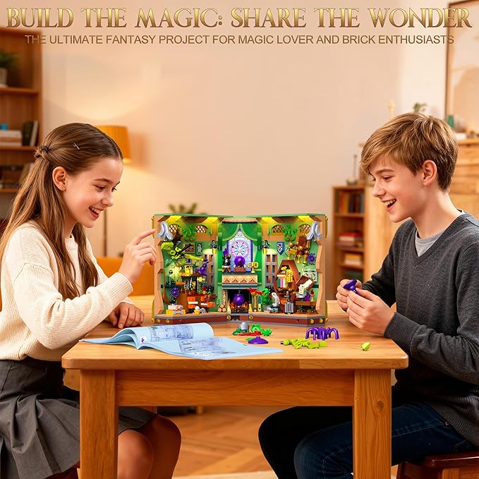 Book Nook Building Kit with LED Lights, 1033 PCS Magic Academy Booknook 3D Miniature House Model for Bookshelf Bookend Home Decor, Christmas for Adults Kids Age 8+