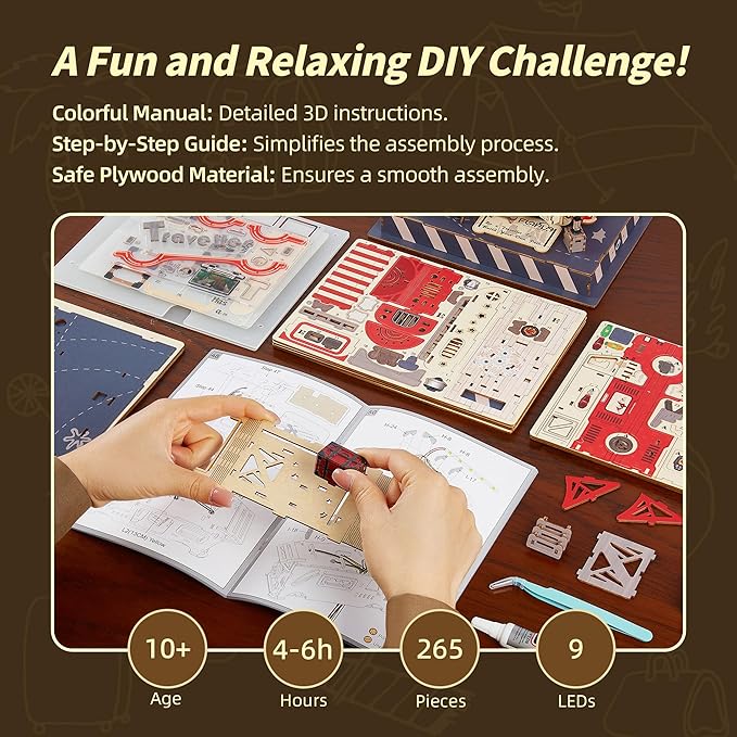 3D Puzzle Travel Truck Puzzle Model -DIY Miniature Kit Dollhouse Food Truck Wooden Model with LED Lights - Unique Gift for Adults and Kids (Travel Truck)