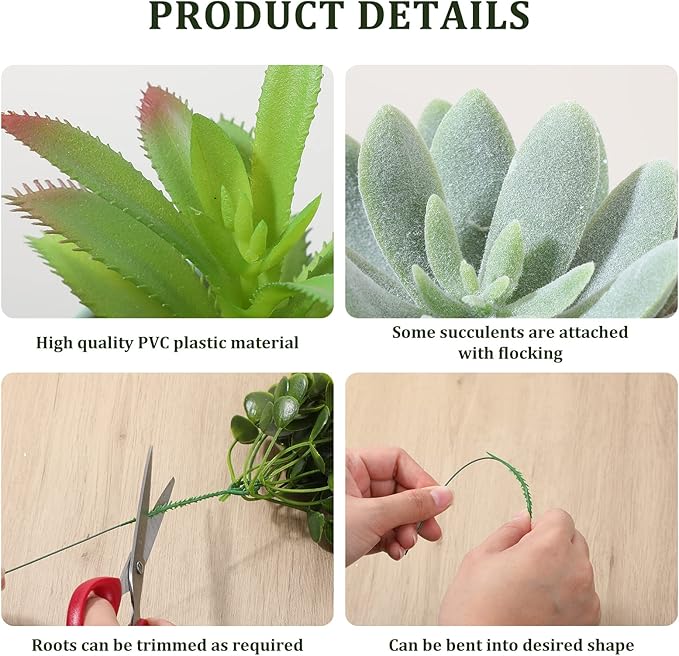 Therwen 32 Pcs Artificial Succulent Plants Mini Fake Succulents Faux Realistic Unpotted Succulents Assortment in Flocked Green for DIY Crafting Home Garden Office Party Decoration