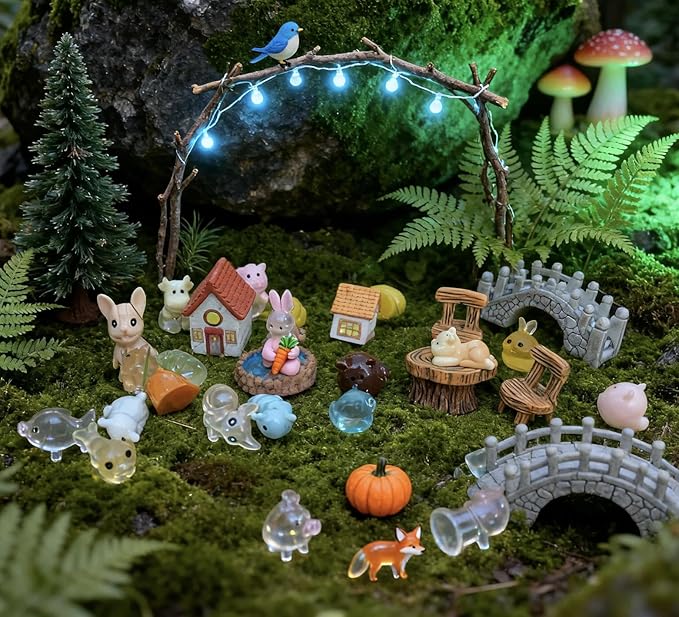 Sthdembo 67-Piece Glittery Mushroom Fairy Garden Kit with Mini House, Bridge, Fences & Resin Animals - Handmade Miniature Figurines & Landscape Ornaments for Terrarium, Desk Plants