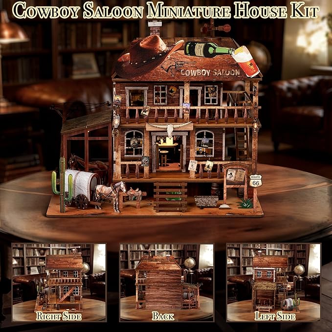 Cowboy Saloon Miniature Kit - DIY Miniature House Kit for Adults, Teens, Dollhouse Booknook Bookshelf Insert Decor with LED Light, 3D Wooden Puzzle Gifts for Family, Friends