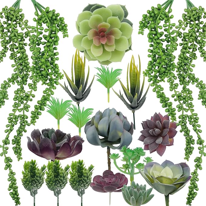 Woohome Artificial Succulents, 20 Pack Realistic Faux Succulents Mixed Colors Fake Succulents Fake Plants for Decoration, DIY Crafting Home Floral Garden Arrangement Office Decor