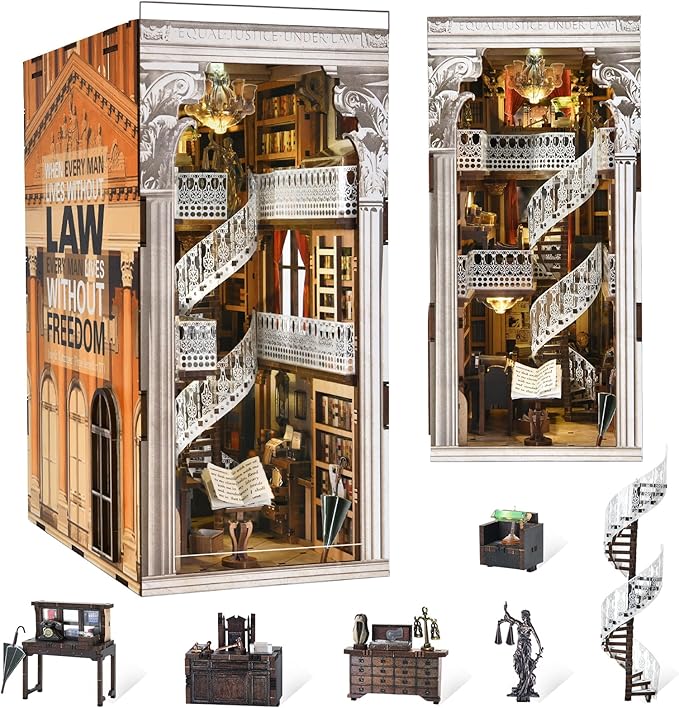 DIY Book Nook Kit for Adults, 3D Wooden Puzzle Bookend Bookshelf Insert Decor with LED Light and Dust Cover (Law Library)