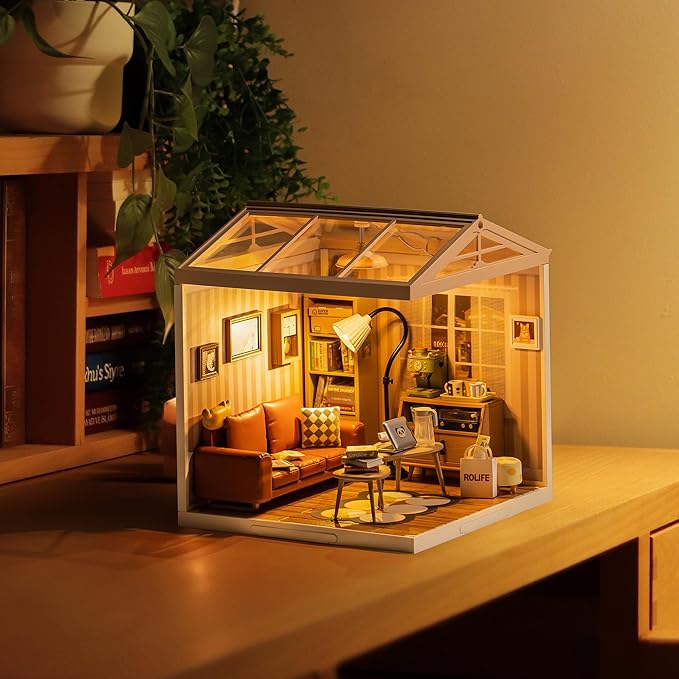 ROBOTIME DIY Miniature House Kit Mini Dollhouse with Accessories Building Toy Set Tiny Room Making Kit with LED Light Hobby Unique Gifts (Cozy Living Lounge)