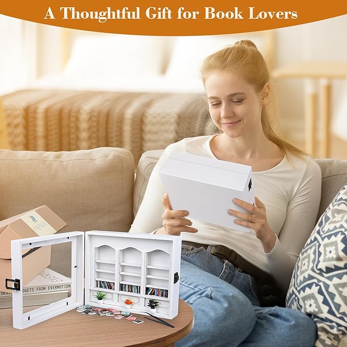 Anxiety Bookshelf with 200 Mini Books, Mini Library Decor, Shake Away Your Anxiety, Includes 1 Bookshelf, 3 Plant Flowers, and 1 Tweezers, Perfect for Book Lovers, Students, Family, and Friends