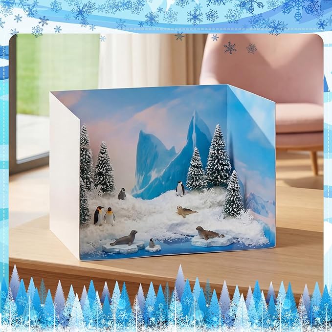 2 Set Arctic Style Habitat Diorama Box and Water Sticker Decor, Diorama Project Supplies Set, Cardboard Display Case Kit & Water Sticker with Double Sided Tapes for DIY Crafts Dollhouse