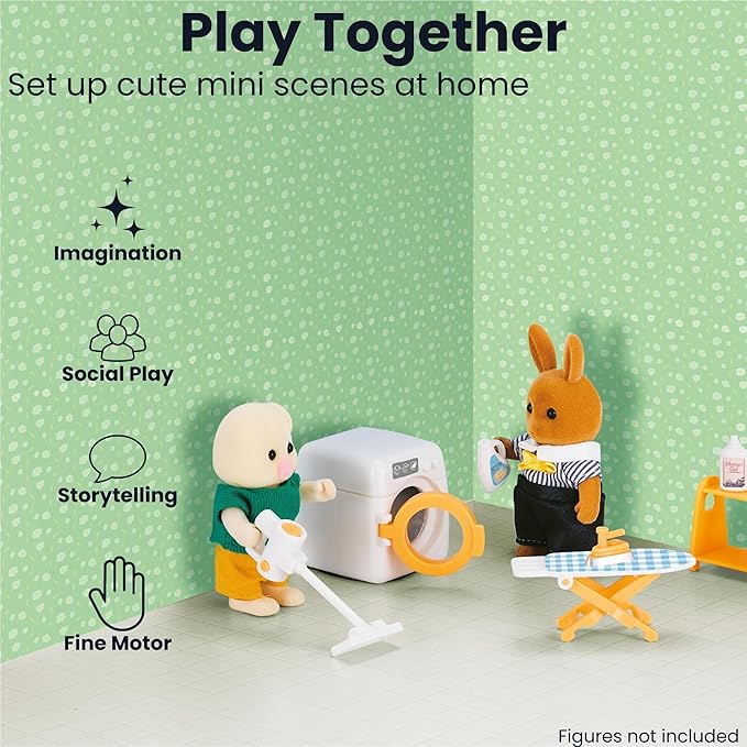 Family Dollhouse Laundry Set — Washing Machine, Ironing Board & Iron, Vacuum, Storage Stand & Rolling Cart — Dollhouse Furniture & Accessories for Ages 3+