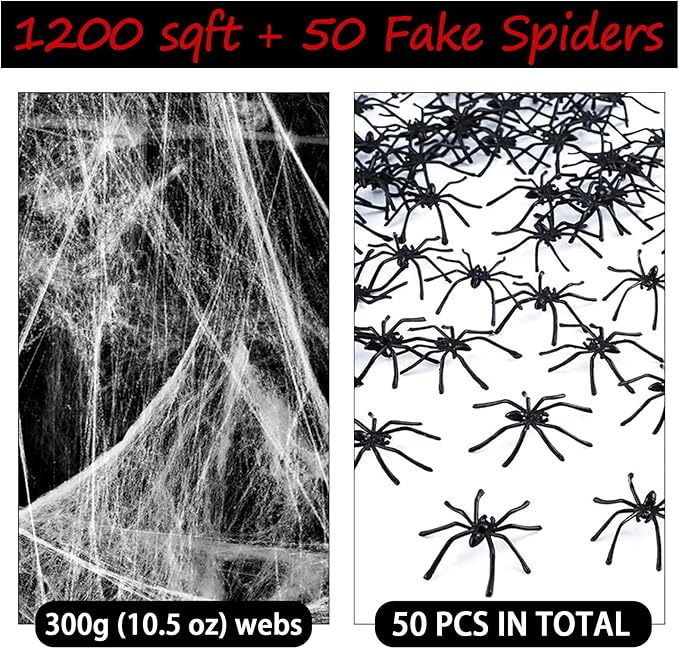 1200 sqft Halloween Spider Webs and 50pcs Fake Spiders Super Stretch Cobwebs Party Decorate for Halloween Theme Indoor and Outdoor Decoration