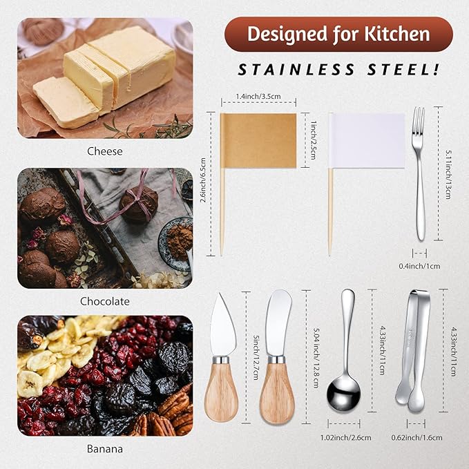 Charcuterie Board Accessories Spreader Knife Set Cheese Butter Spreader Knife Charcuterie Utensils with Wooden Handles Mini Serving Tongs Spoons Forks for party Wedding Christmas (Silver, 20 Pieces)