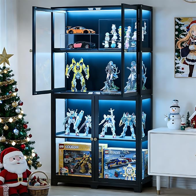 Display Cabinet with Acrylic Doors, 4-Tier Curio Display Case, Transparent Bamboo Curio Display Case for Figures, Storage Cabinet for Collectibles, Bedroom, Office, Playroom