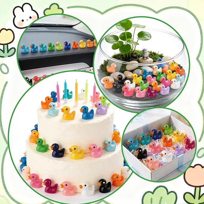 200 Pcs Mini Resin Duck Colorful Miniature Figures Micro Fairy Garden Landscape Aquarium Hide and Seek Dollhouse Cake Decoration Potted Plants DIY Slime Craft Charms for Party Toys Game Gift