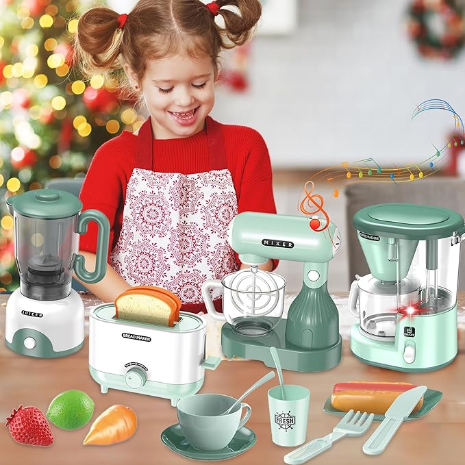 Kids Pretend Play Kitchen Appliance Toy Set with Coffee Maker, Toaster, Blender, Mixer, Kitchen Toys with Light & Sound, Play Kitchen Sets for Girls Boys Age 3 4 5 6