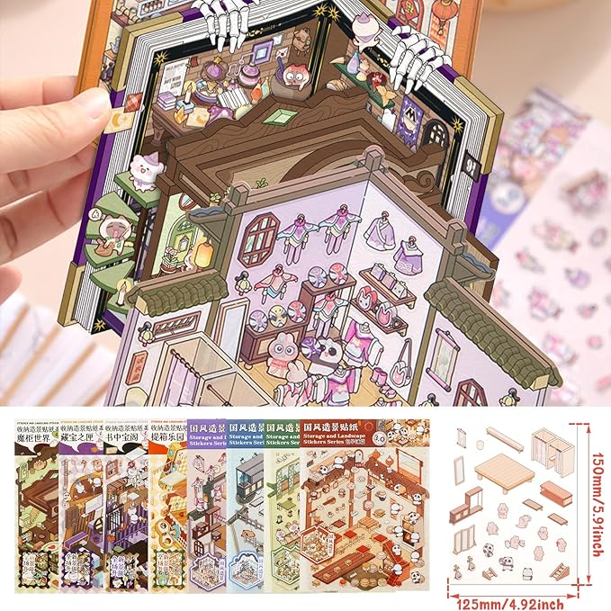 DIY 3D House Sticker Set for Adults & Kids - Creative Miniature Room Scenes with Cartoon Decals, Cute Home Decor Stickers to Build Your Own 3D Model Scenes (Set 4)