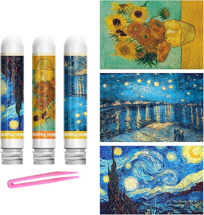 234 Pieces Mini Puzzles for Adults & Kids, 6'' x 4'' Small Puzzles Capsule Tube, Starry Night Over The Rhone Starry Night Sunflowers 3 Pack