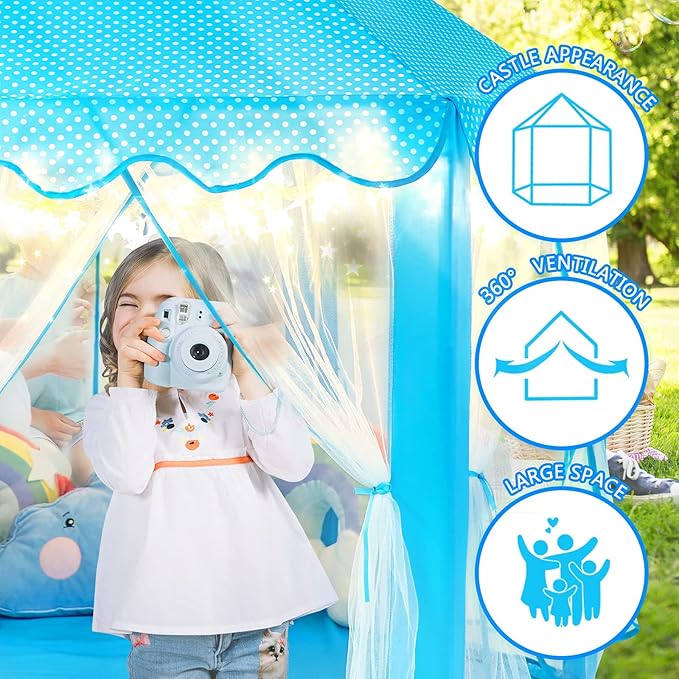 wilwolfer Princess Tent for Boys Fairy Castle Play Tents for Kids Toddler, Hexagon Kids Playhouse, Princess Toys & Gift for Girls Aged 3+ for Indoor & Outdoor Play (Blue)