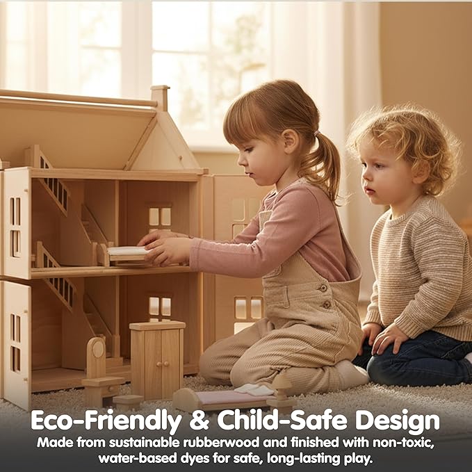 PlanToys® Classic Dollhouse Bedroom Furniture Set | Eco-Friendly Wooden Dollhouse Accessories for Kids | Includes Bed, Closet, Vanity, Chairs & Lamp | Pretend Play Montessori Toy