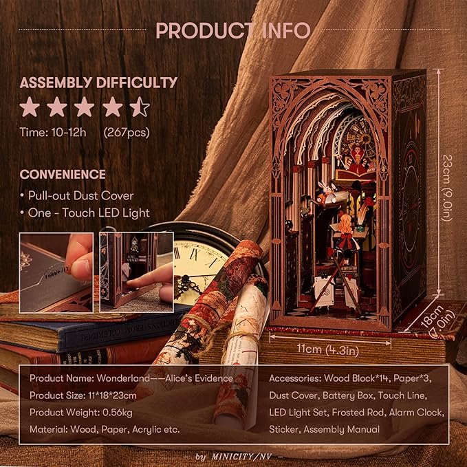 Book Nook Kit - DIY Miniature Dollhouse Kit for Adults and Teens, Tiny House Booknook Bookshelf Decor 3D Wooden Puzzle, Gifts for Family, Friends (Alice Evidence)