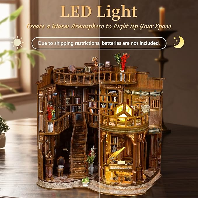 Hallisun DIY Miniature House Kit, Mini 3D Wooden Dreamy Book Hall Building Kit with Furniture and LED, Tiny Diorama Dollhouse Model Set, Handmade House Craft Birthday for Adults Teens