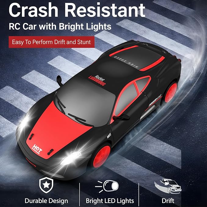 Remote Control Car RC Drift Car 2.4GHz 1:24 Scale 4WD 15KM/H High Speed Model Vehicle with LED Lights Drifting Tire Racing Sport Toy Car for Adults Boys Girls Kids Gift 2Pcs Rechargeable Batteries