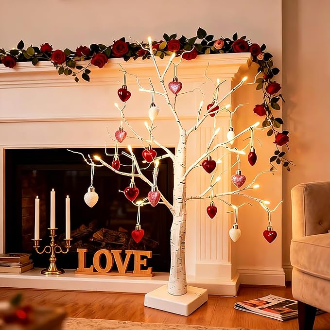 HipTree 2-Pack Lighted Valentines Day Easter Spring Christmas Tree Decorations Indoor, 2ft Birch Tree with LED Lights, Small Tabletop Patriotic Tree with Lights, Warm White Battery- Powered
