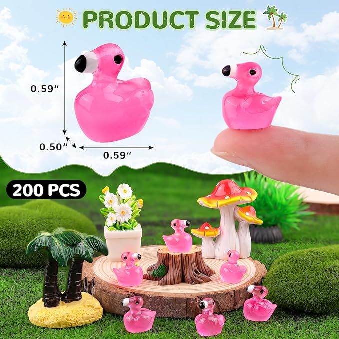200PCS Mini Resin Animals Cute Rose Pink Tiny Flamingo Ducks Glow in Dark, Miniature Figures to Hide, Small Animal Accessories Bulk for Topper Garden Dollhouse Ornaments DIY Crafts & Decor