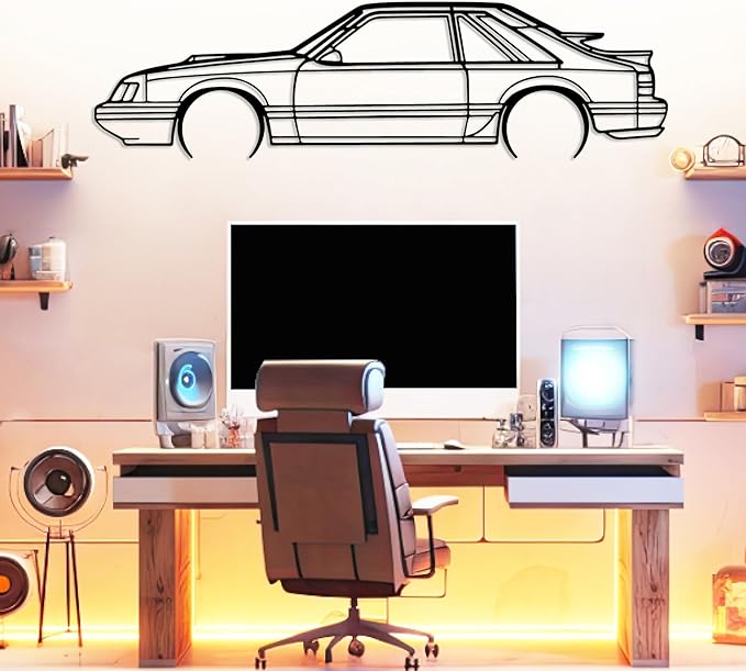 DecoSoul Mustang Metal Car Wall Art, Sports Car, Automotive Silhouette Line Decoration, Minimalist Sculpture for Garage, Indoor Outdoor Wall Hanging, Gift for Boyfriend (Black - 25 x 6.9” inch)