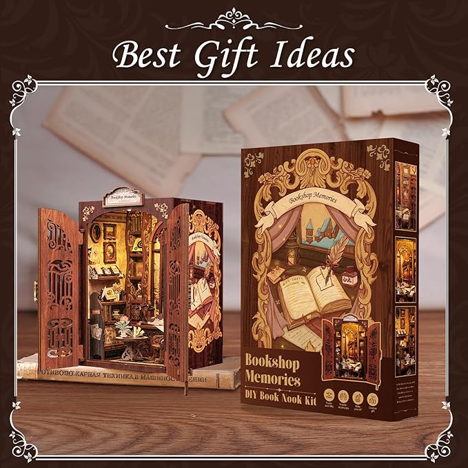 CUTEBEE Book Nook Kit - DIY Miniature House Dollhouse Kit for Adult and Teens, Booknook Bookshelf Decor Alley Model Build with LED Light, Gifts for Family and Friends (Bookshop Memories)