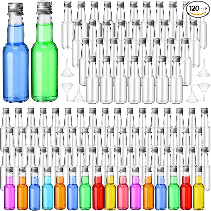 120 Pcs Mini Liquor Bottles Airtight Shot Miniature Empty Plastic Alcohol Spirit Shot Bottles with Funnels for Party Favors, Weddings(3.3 oz,Silver)