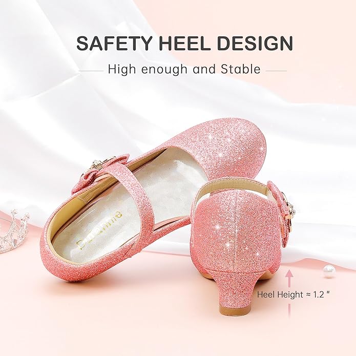 Dufannie Girls Dress Shoes Low Heel Princess Flats Mary Jane Flower Wedding Party Glitter Shoes for Kids Toddler