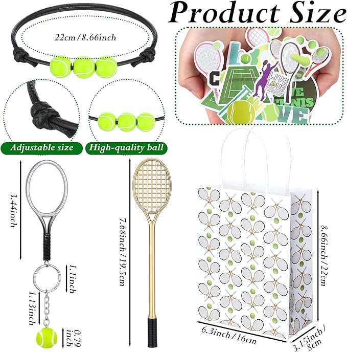 Huquary 98 Pcs Tennis Party Favors, Tennis Party Decorations Includes 50 Stickers 12 Mini Racket Keychain 12 Charm Bracelets Racket Shape Pens Paper Bags