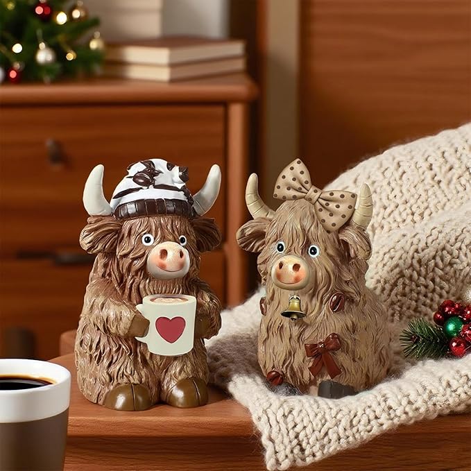 Burbell 2 Pack Highland Cow Resin Figurine Decor Coffee Theme Highland Cow Gnomes Starfish Resin Statue for Garden Table Shelf Kitchen Home Coffee Bar Decor Calf Gnome Herd Gifts