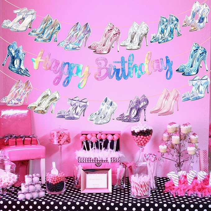 Crystal High Heel Birthday Banners Glass High Heels Birthday Party Supplies 3Pcs Diamond Shoes Banners Girls Princess Party Decor for Fashion Shoes Engagement Wedding Decoration