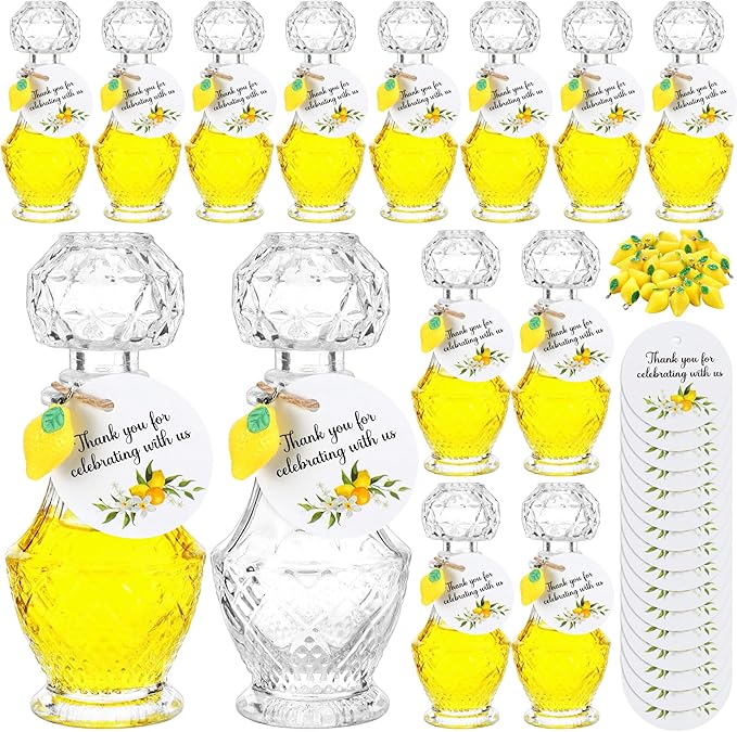 Chuangdi 16 Sets Mini Limoncello Glass Bottles Limoncello Bottles with Labels 1.7 oz Lemon Pendants Lemon Party Favors for Homemade Brewing Wedding Baby Shower Gifts(Elegant)