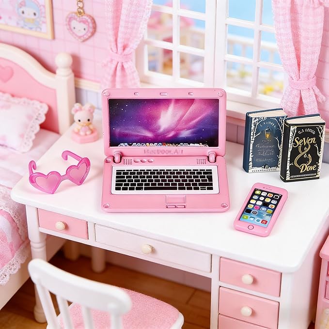 21 Pcs Dollhouse Miniature Laptop Computer Tablet Phone 1/12 1/6 Scale Tiny Book Drinks Guitar Instrument, Doll House Furniture Decor Cake Glasses Coffee Mini Headset, Camera, Potted Plants (Pink)