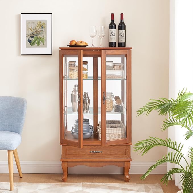 49" H Lighted Curio Display Cabinet with 2 Glass Doors & 1 Drawer, Wooden Curio Showcase w/Adjustable Shelves & Mirrored Back Panel, Wine Storage Cabinet Display Case for Living Room (Oak)