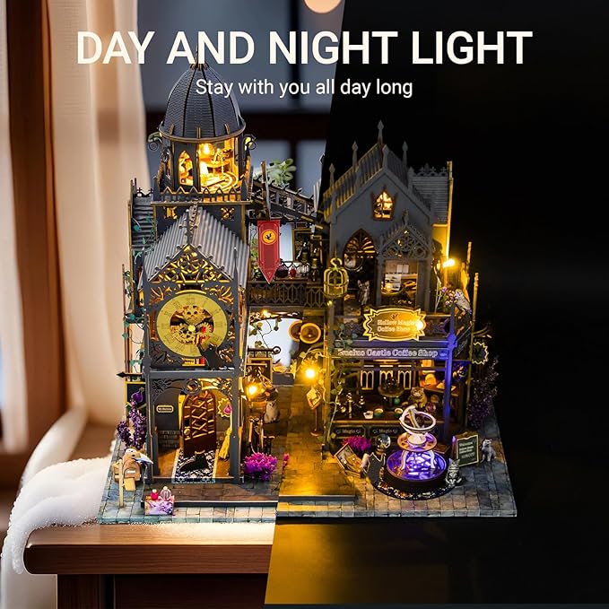 DIY Miniature House Kit, Dollhouse for Adults to Build, Birthday/Christmas Day Gift for Family and Friends, Magic Castle, Haunted Dollhouse, Prefab Tiny Home with LED Lights(Huoluo Castle)