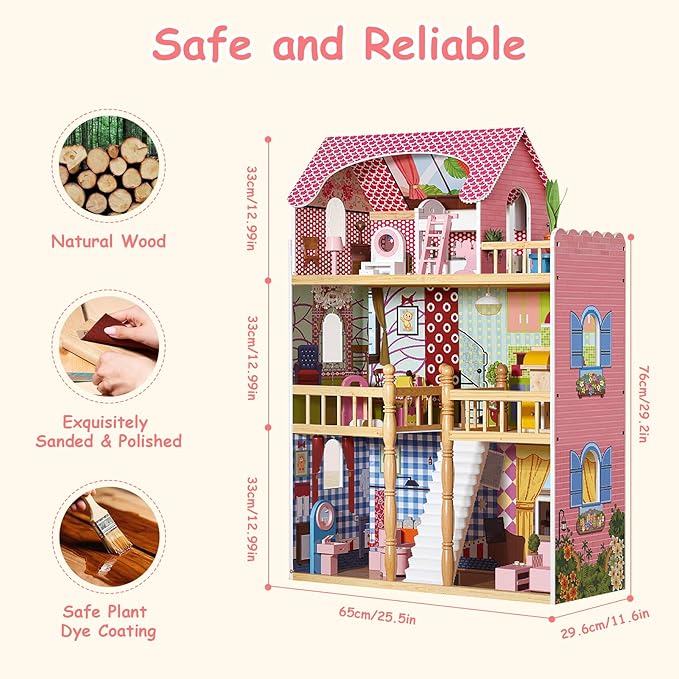 3 Story Wooden Doll Cottage with Balcony, Stairs & 14 Furniture Accessories | Large Multi-Level Dollhouse Playhouse for 5 Inch Dolls | Creative Educational Toy for Boys & Girls Ages 3+