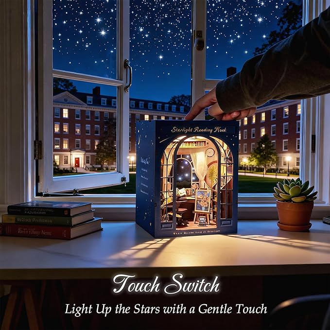 DIY Book Nook Kit for Adults, 3D Wooden Puzzle Booknook Miniature House Kit (Starlight Reading Nook)