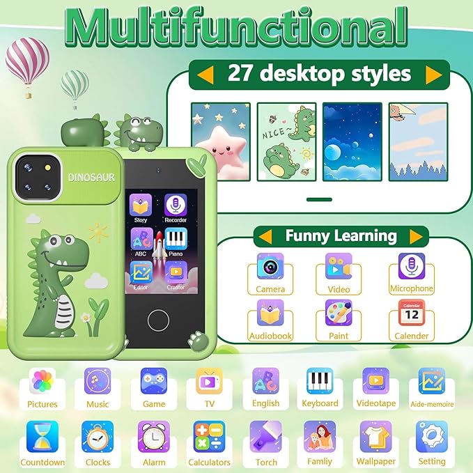BEBESIRI Kids Camera Mini Smartphone Toy for Boys & Girls - 2.8" Touch Screen, 22 Learning Games, Dual Camera, Music Player, 32GB Card, Christmas Birthday Gift (Green Dinosaur)
