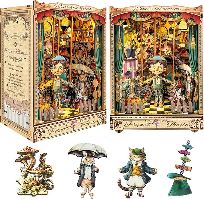 CUTEROOM Book Nook Kit for Adults, 3D Wooden Puzzle DIY Miniature Dollhouse Booknook Kit, Tiny House Building Kit with LED Light for Bookshelf Insert Decor- Puppet Theater