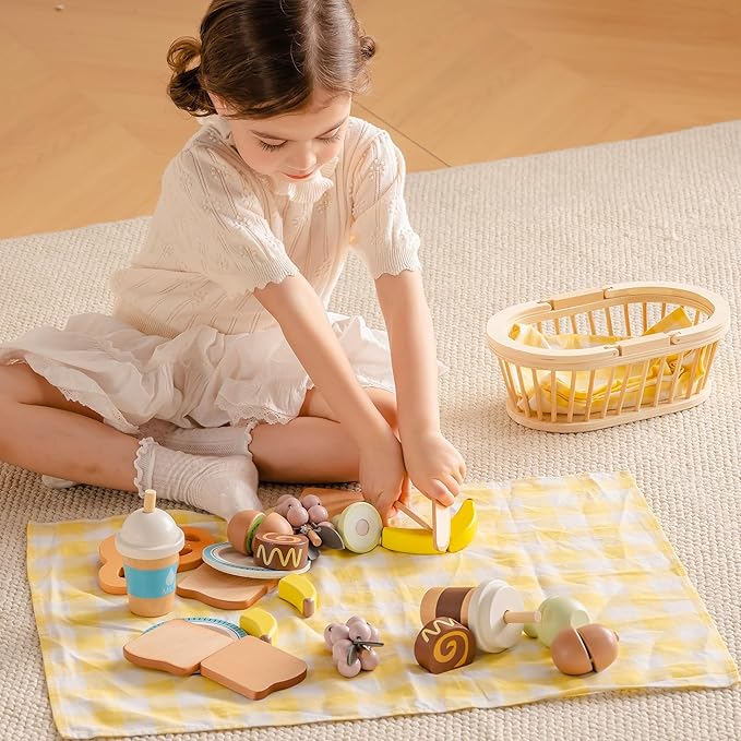 ROBOTIME Wooden Play Food Sets for Kids Kitchen, 14 PCS Toy Food Pretend Play Picnic Basket with Fruits, Desserts, Drinks & Utensils, Play Kitchen Food for Indoor & Outdoor Camping Fun, Ages 3+
